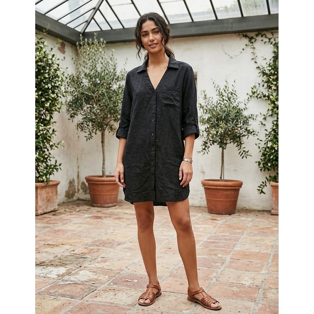 Young Fabulous & Broke Black Linen Blend Button Down Shirt Dress Mini Small